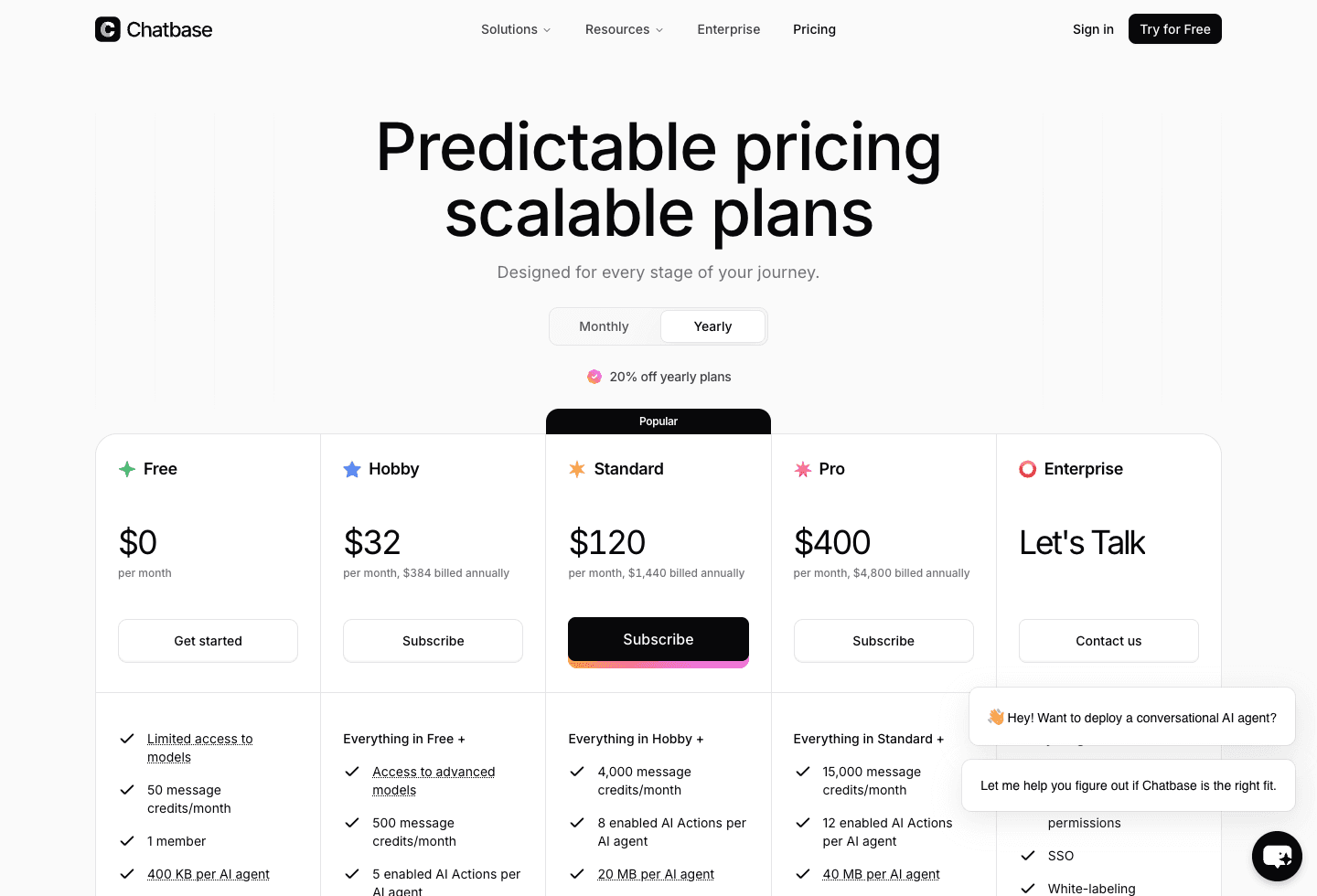 Screenshot of the official Chatbase pricing page captured after cookie confirmation.