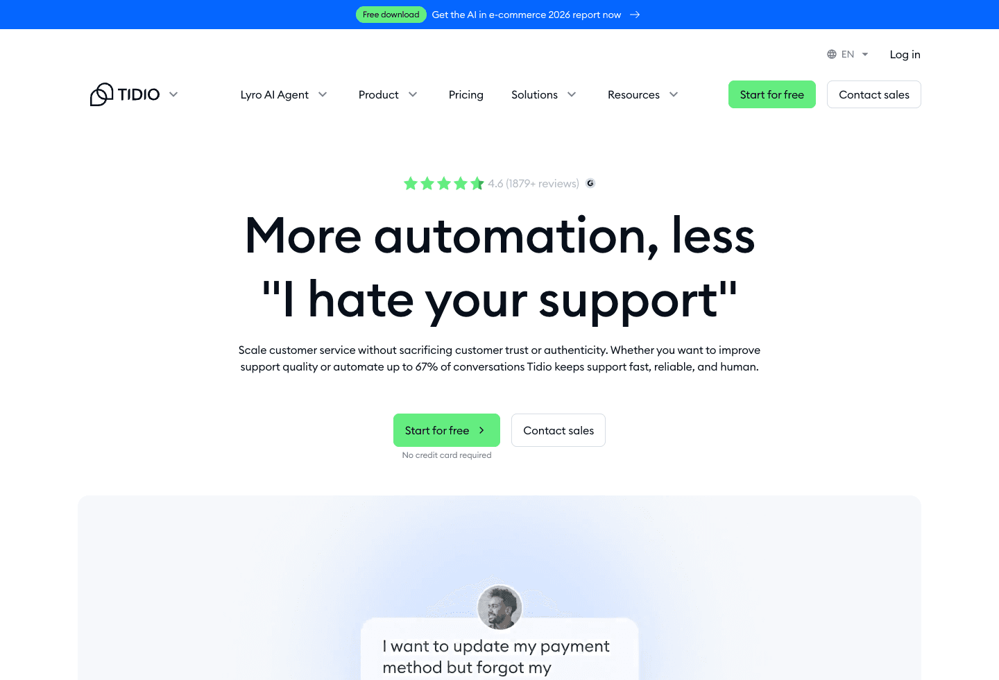 Screenshot of the official Tidio product page captured after cookie confirmation.