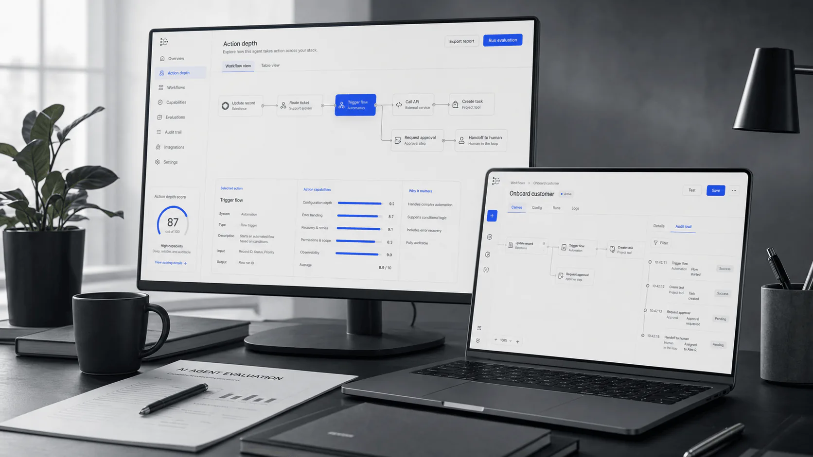 Action-depth workspace showing approved actions, handoffs, and workflow execution for AI agents.
