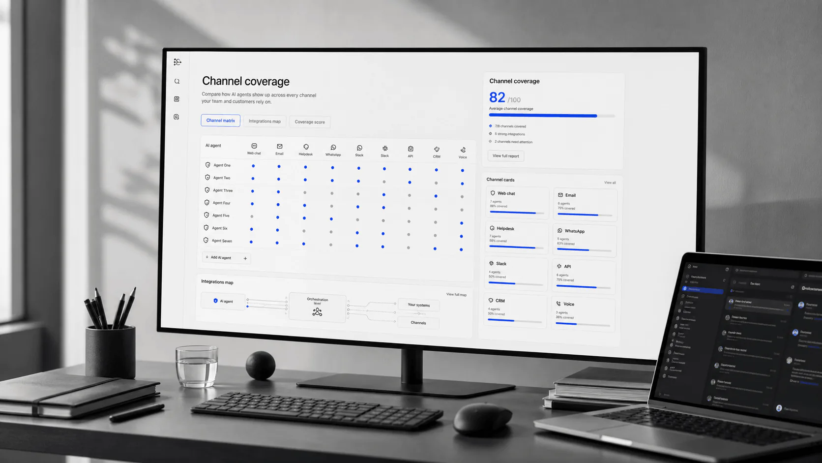 Channel strategy workspace showing email, social, call, and approval paths for agent workflows.