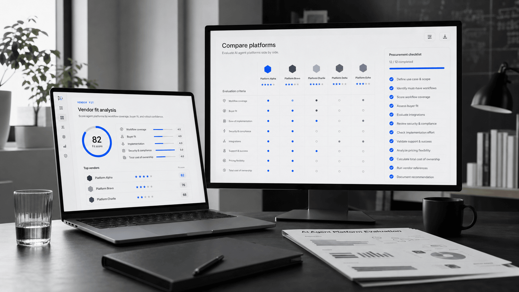 Generierter Arbeitsbereich für den Anbieter-Fit-Vergleich mit Plattformmatrix, Fit-Score und Beschaffungscheckliste