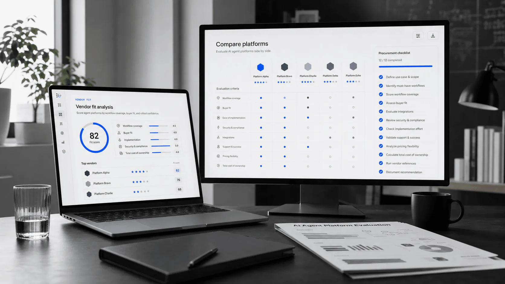 Espacio de trabajo de comparación de idoneidad de proveedores generado con matriz de plataforma, puntuación de idoneidad y lista de verificación de adquisiciones