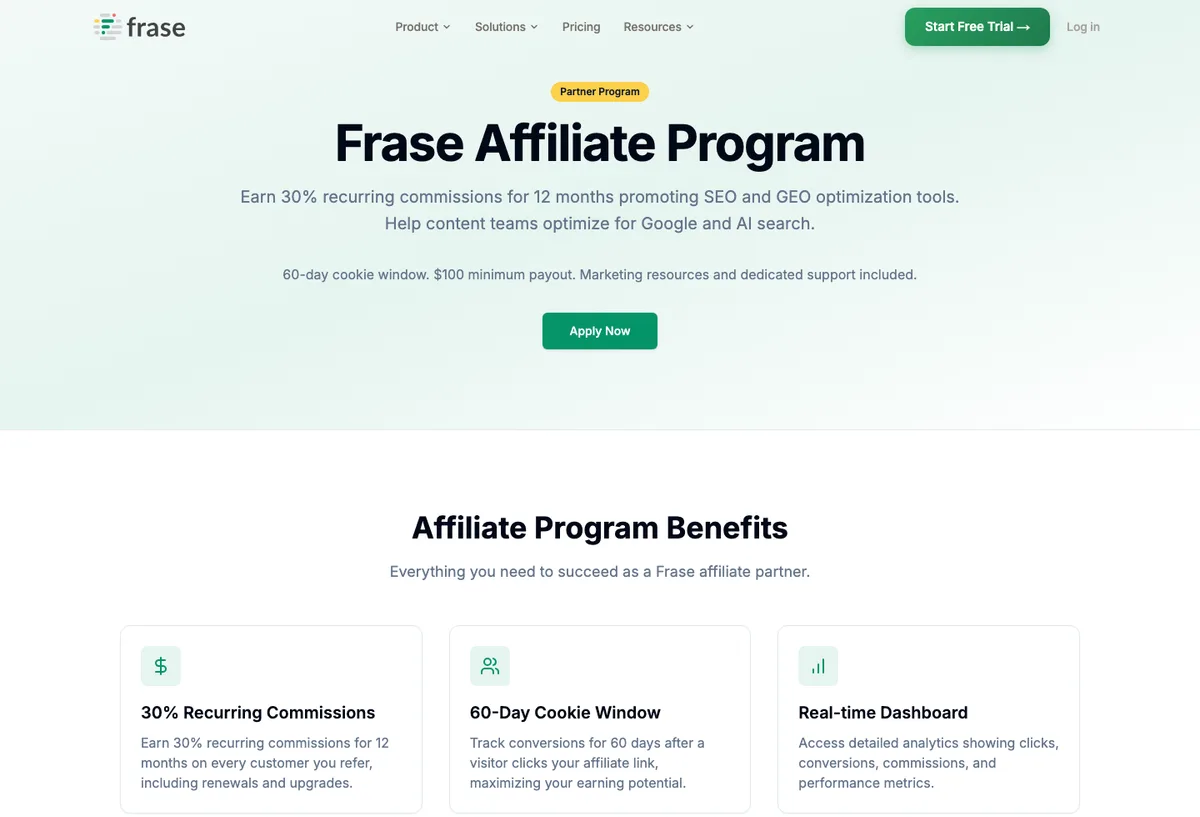 Frase affiliate landing page screenshot
