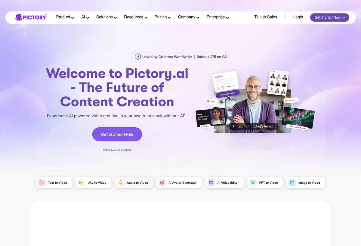 Pictory affiliate landing page screenshot