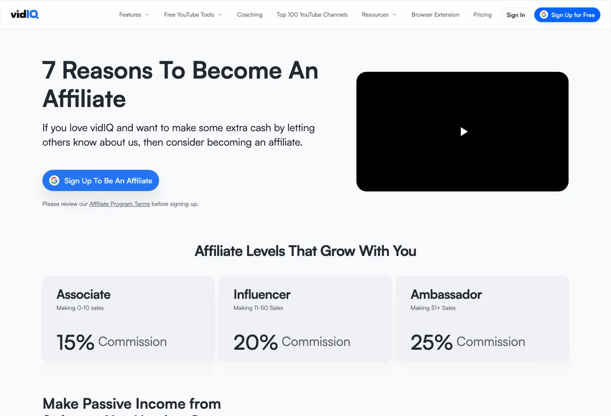 vidIQ affiliate landing page screenshot