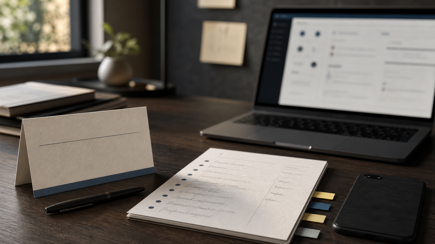 A meeting-note handoff arranged as a clean operational desk