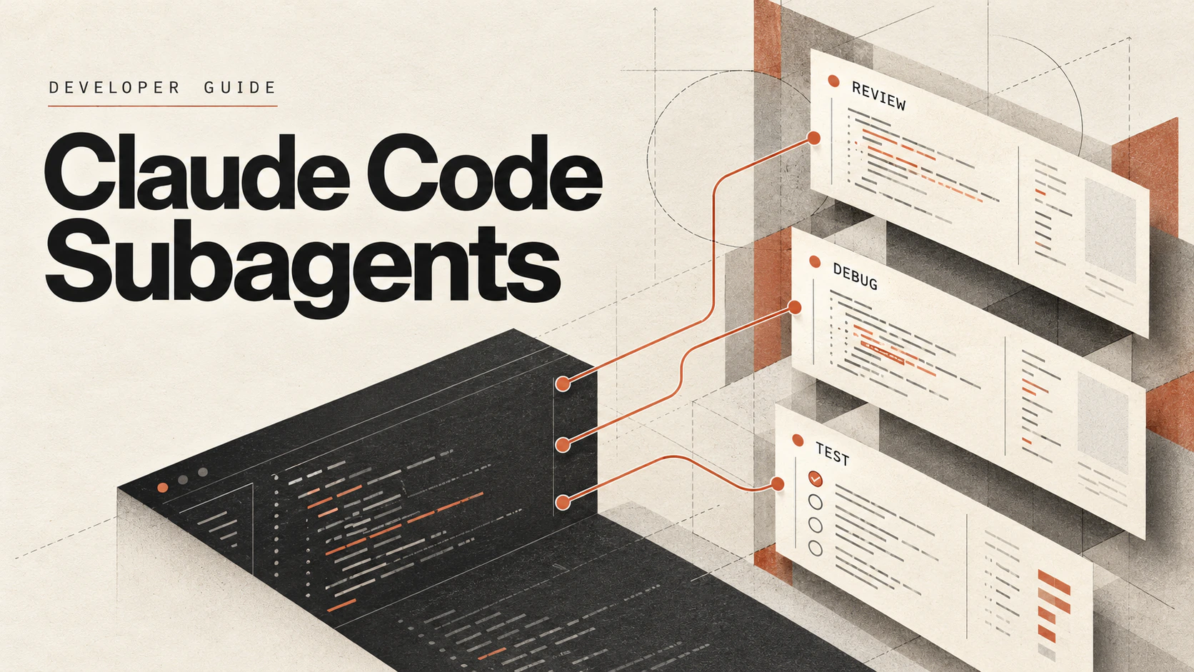 Claude Code Subagents title beside a code workspace branching into review, debugging and test tasks