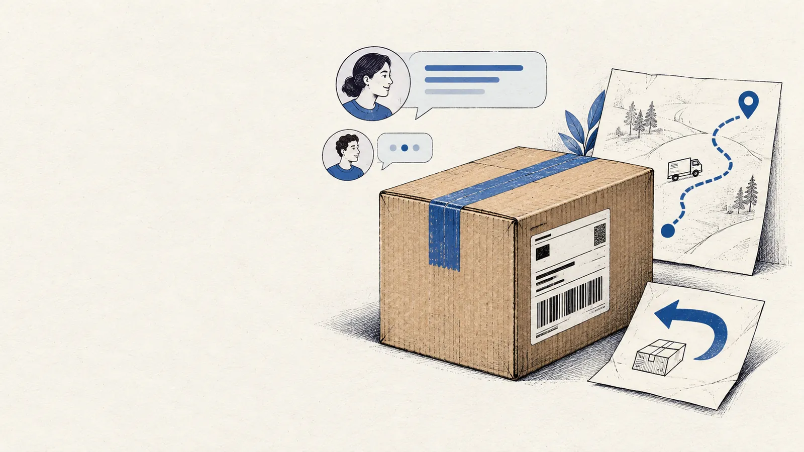 Shipping parcel, delivery tracking and return arrow with customer conversation bubbles