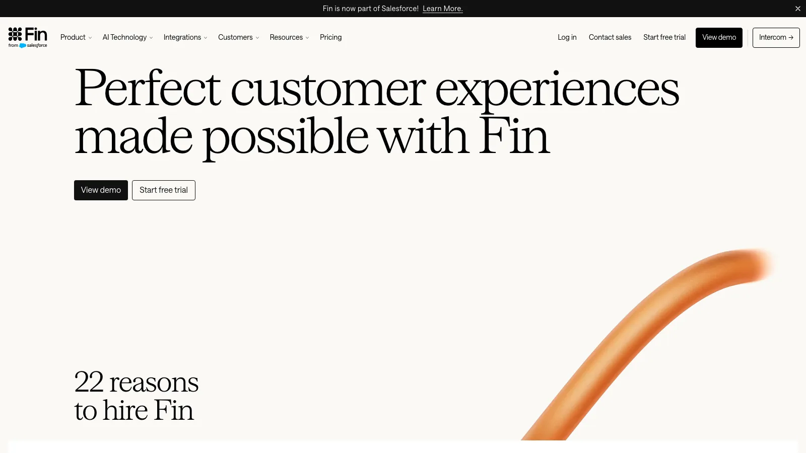 Intercom Fin landing page showing its AI customer service product
