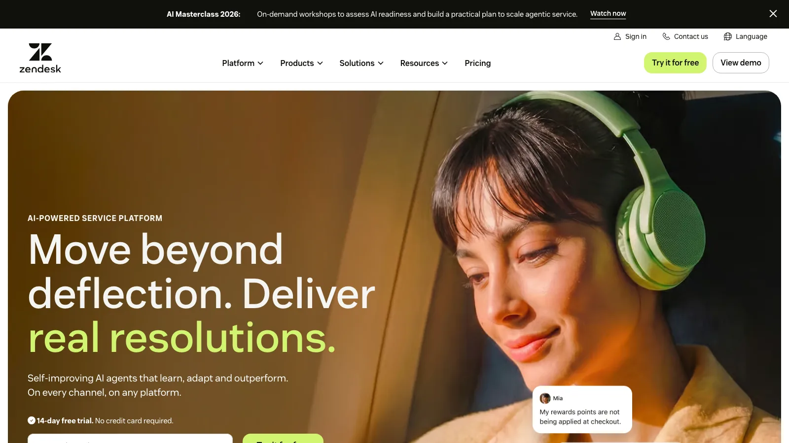 Zendesk landing page showing its customer service platform