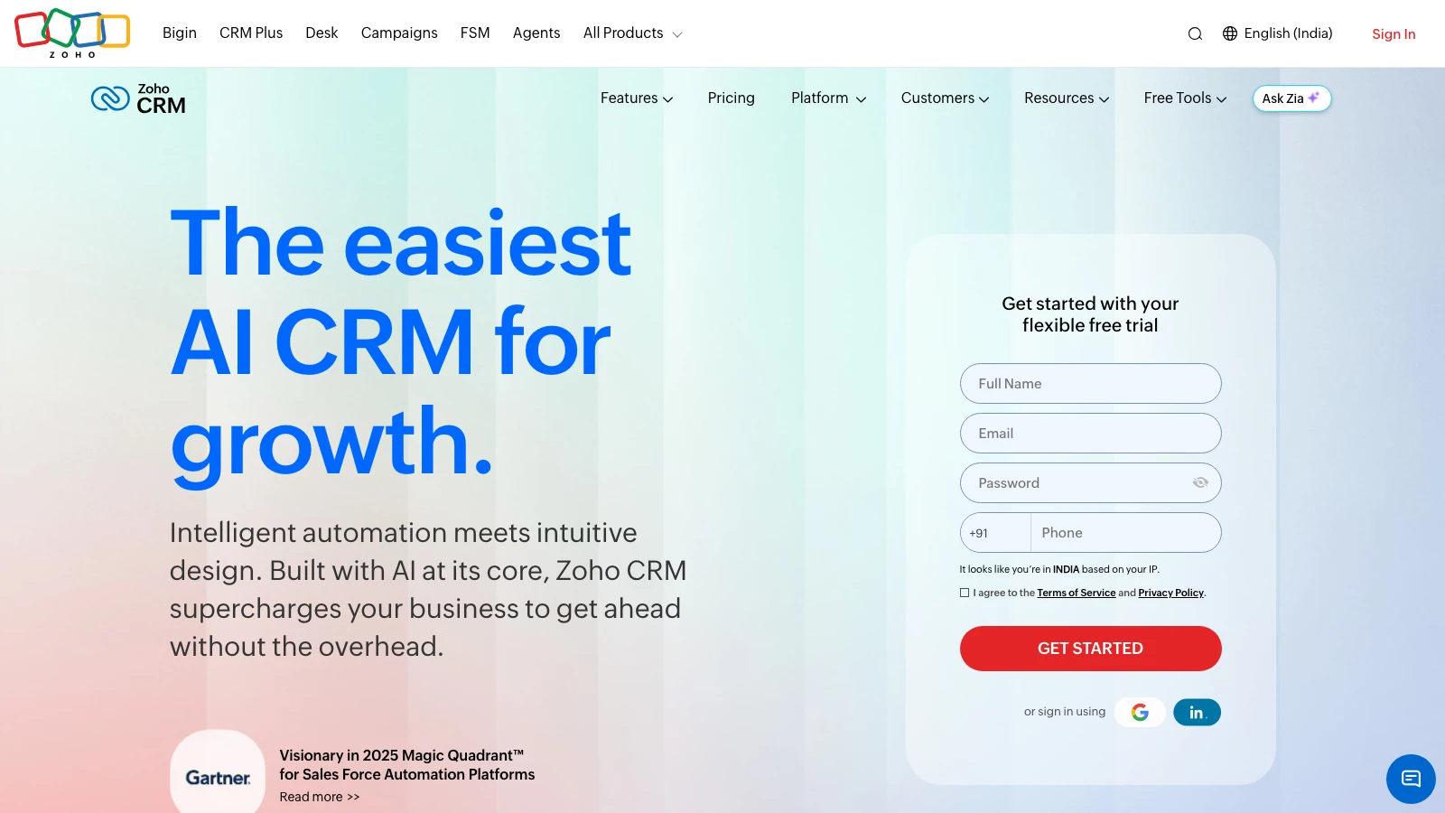 Zoho CRM page