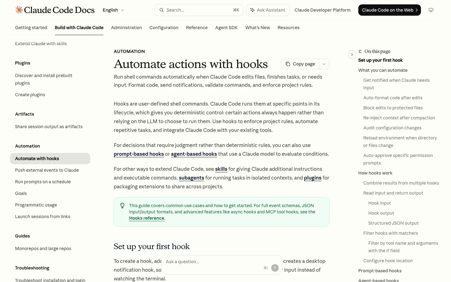 Claude Code hooks guide showing the "Automate actions with hooks" overview