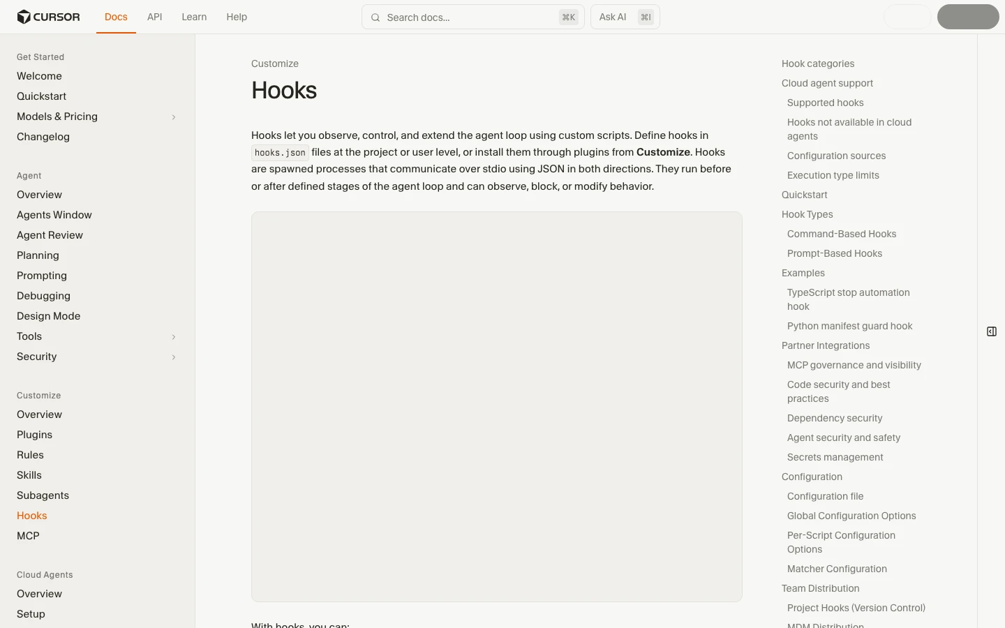 Cursor Hooks documentation page showing hook categories and quickstart