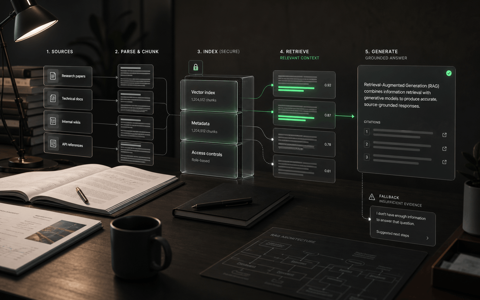 Diagramm, das einen Workflow zur erweiterten Generierung des Abrufs von Quellen durch Parsen, Indizierung, Abruf, begründete Antworten, Zitate und Fallback bei fehlenden Beweisen zeigt