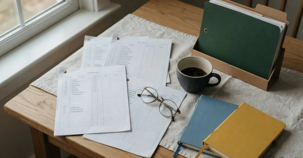 Printed comparison sheets, glasses, and notebooks on a research desk