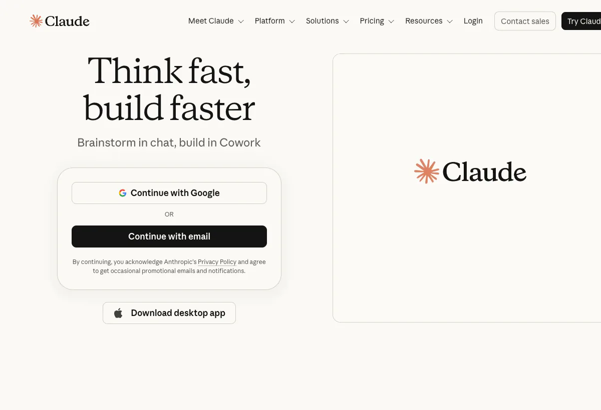 Official Claude landing page screenshot