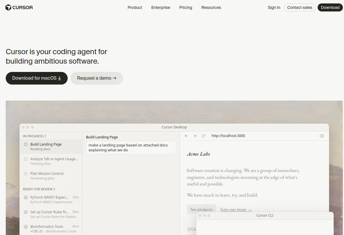 Official Cursor landing page screenshot