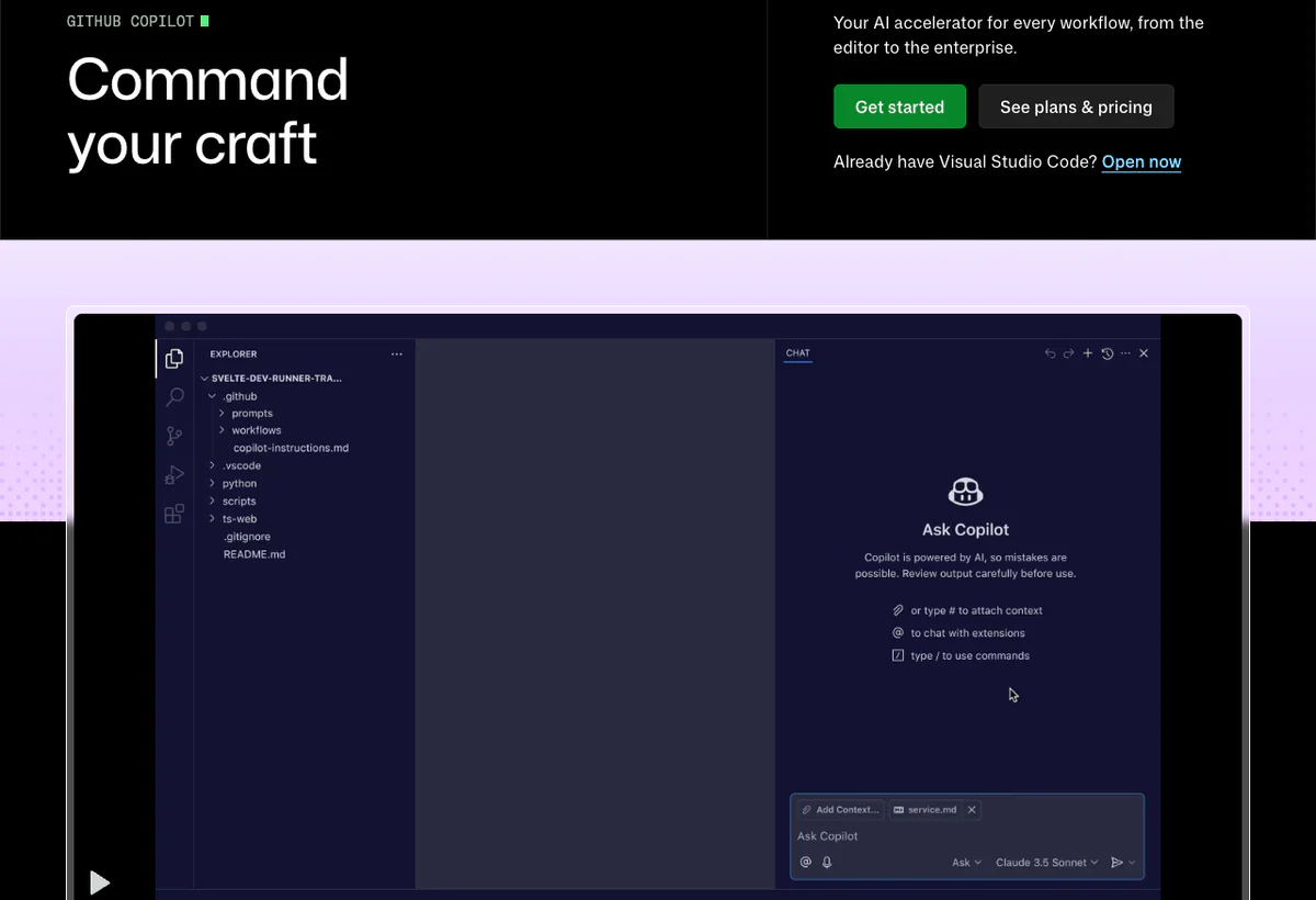 GitHub Copilot agent mode in Visual Studio Code from GitHub's official landing page