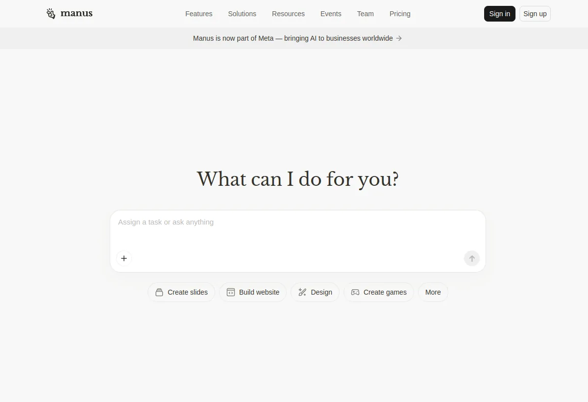 Official Manus AI landing page screenshot