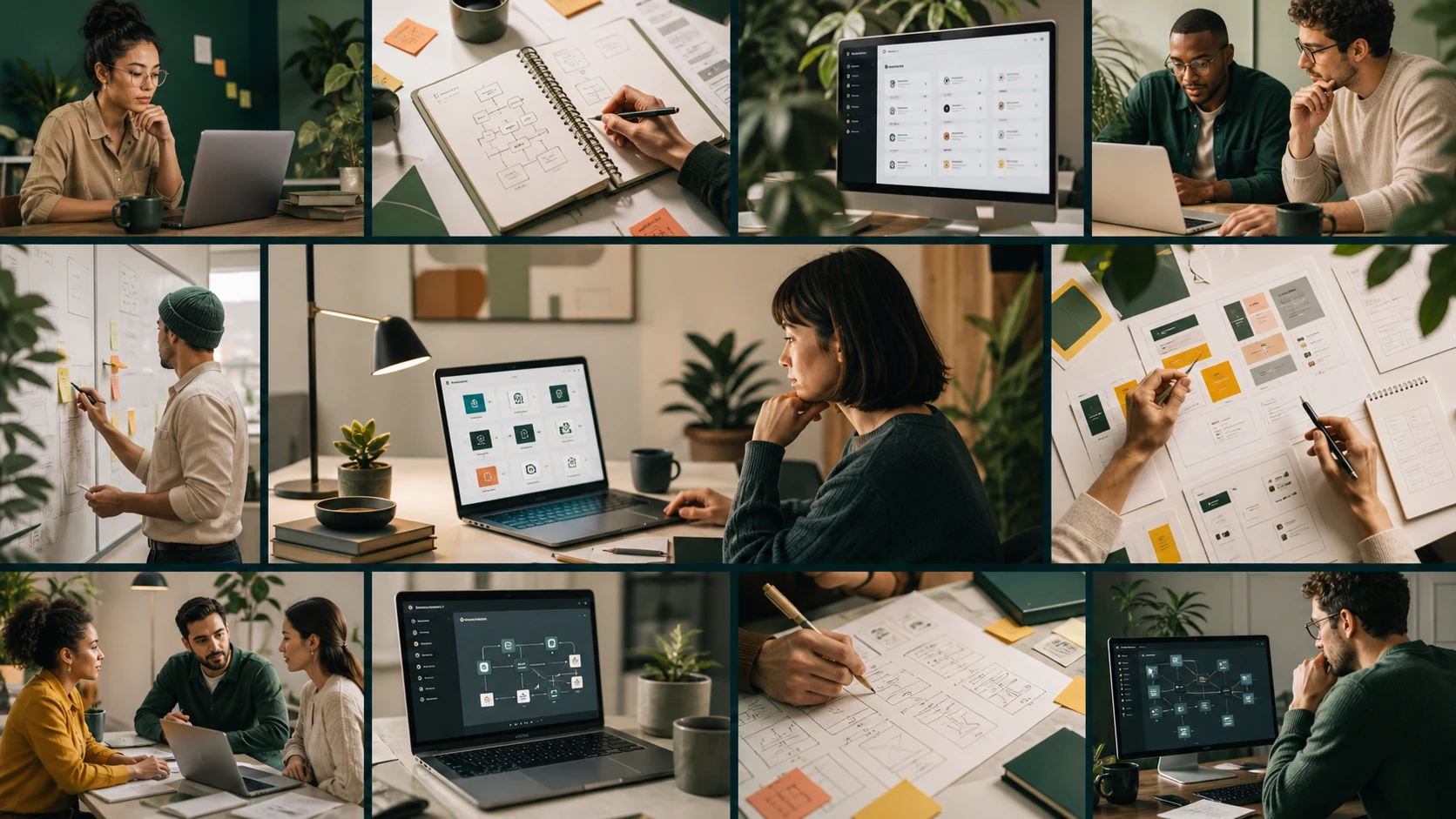 Editorial collage of teams comparing AI tools, workflows, and product research