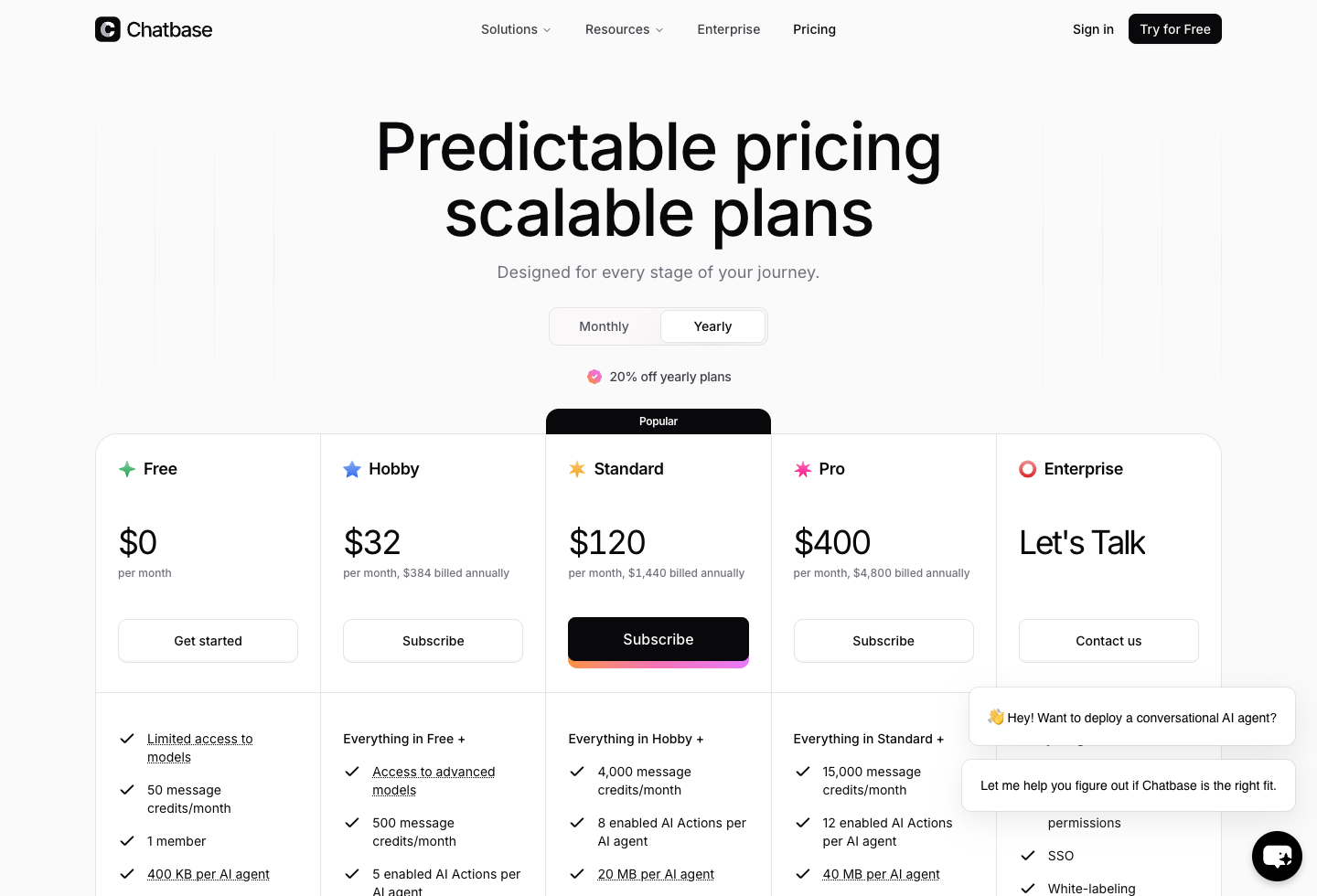 Screenshot of the official Chatbase pricing page captured after cookie confirmation.
