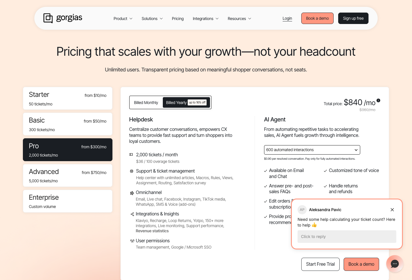 Screenshot of the official Gorgias pricing page captured after cookie confirmation.