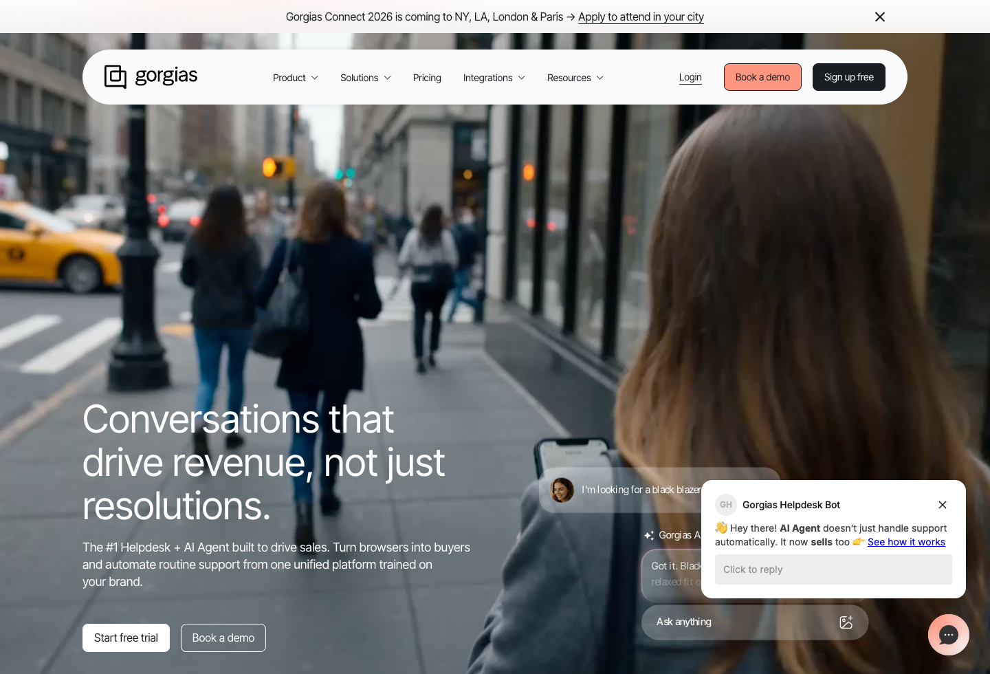 Screenshot of the official Gorgias product page captured after cookie confirmation.