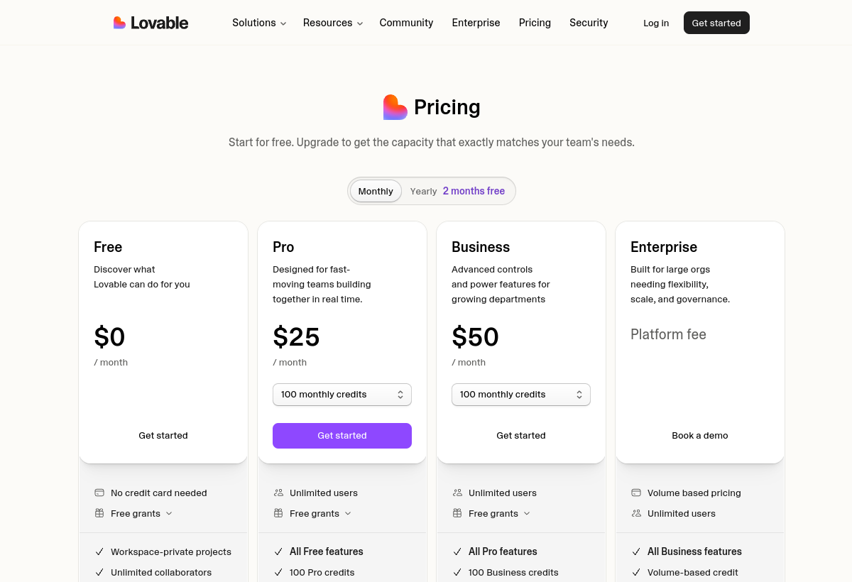 Official Lovable pricing page captured for this review