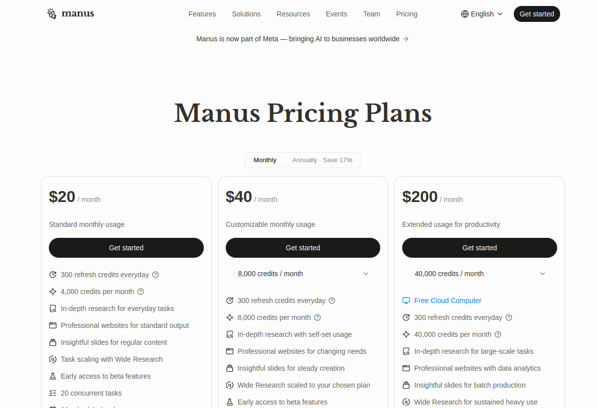 Screenshot of the official Manus AI pricing page captured for this review.