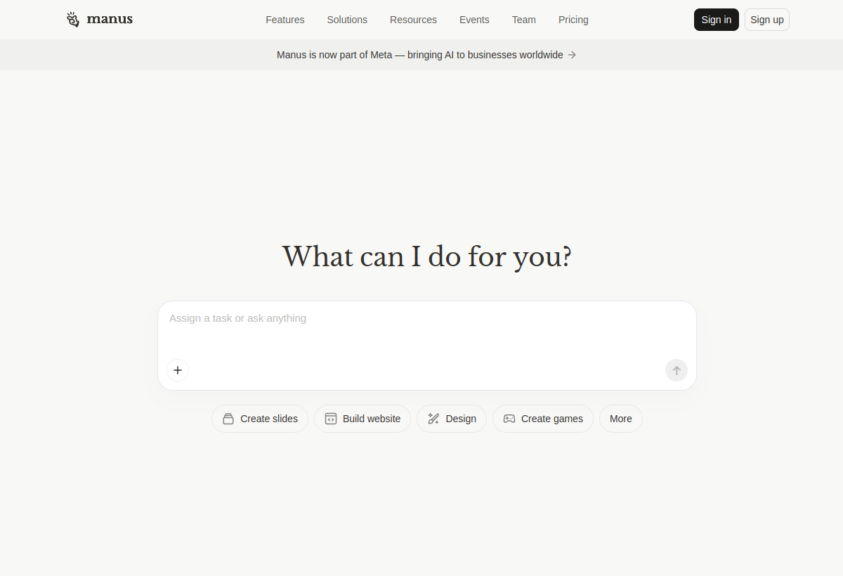 Screenshot of the official Manus AI product page captured for this review.