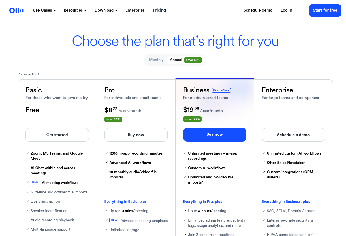 Official Otter.ai pricing page captured for this review
