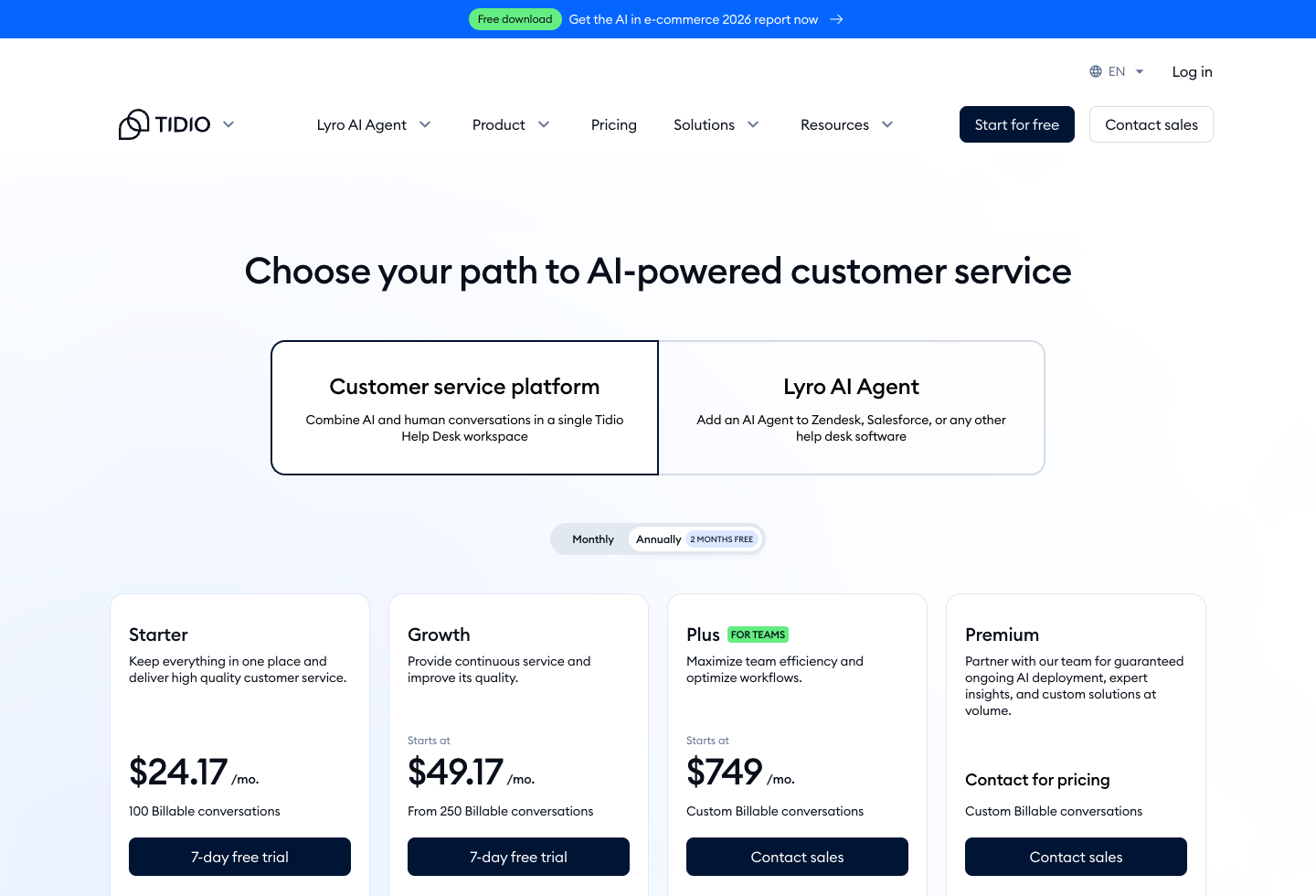 Screenshot of the official Tidio pricing page captured after cookie confirmation.