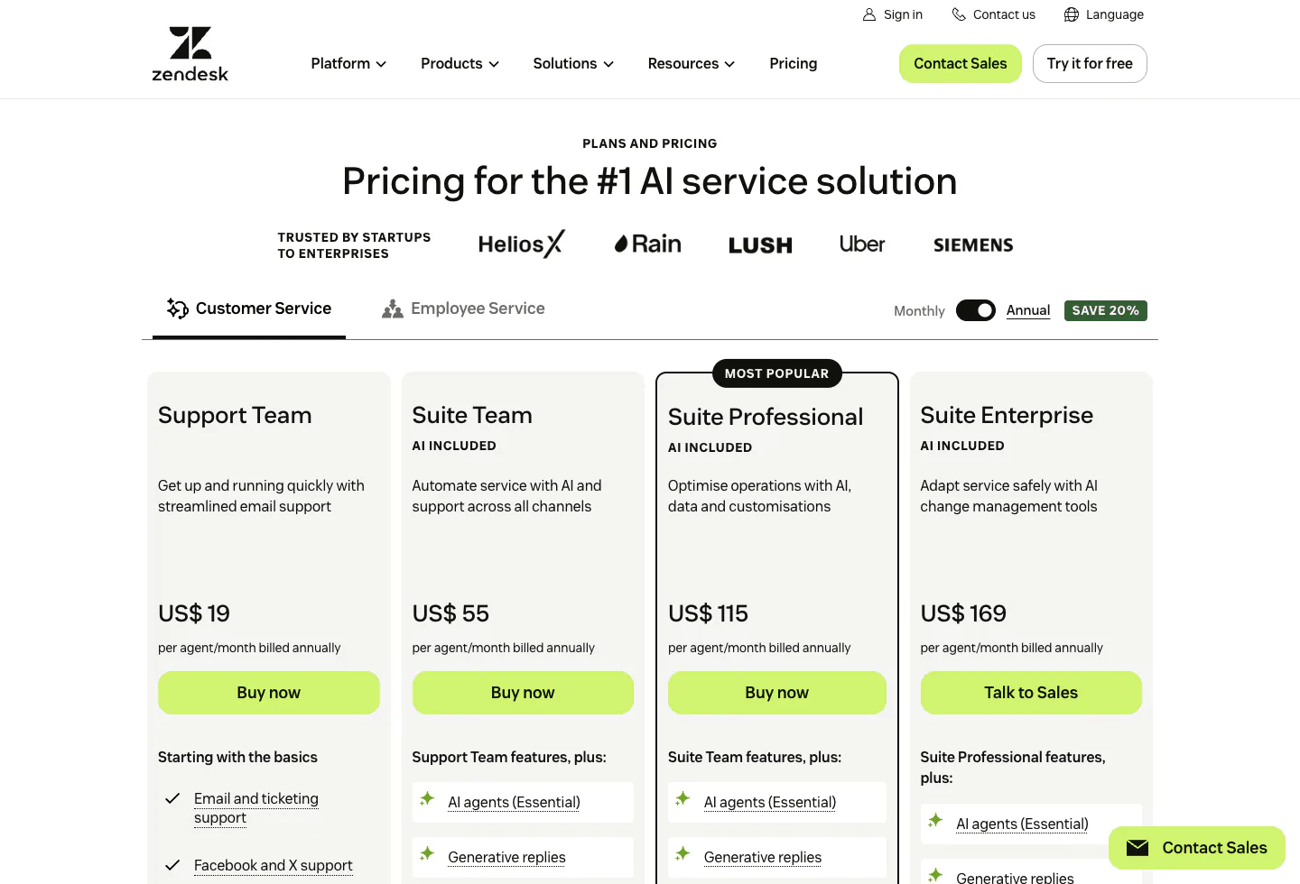 Captura de pantalla de la página oficial de precios de Zendesk capturada después de la confirmación de las cookies.